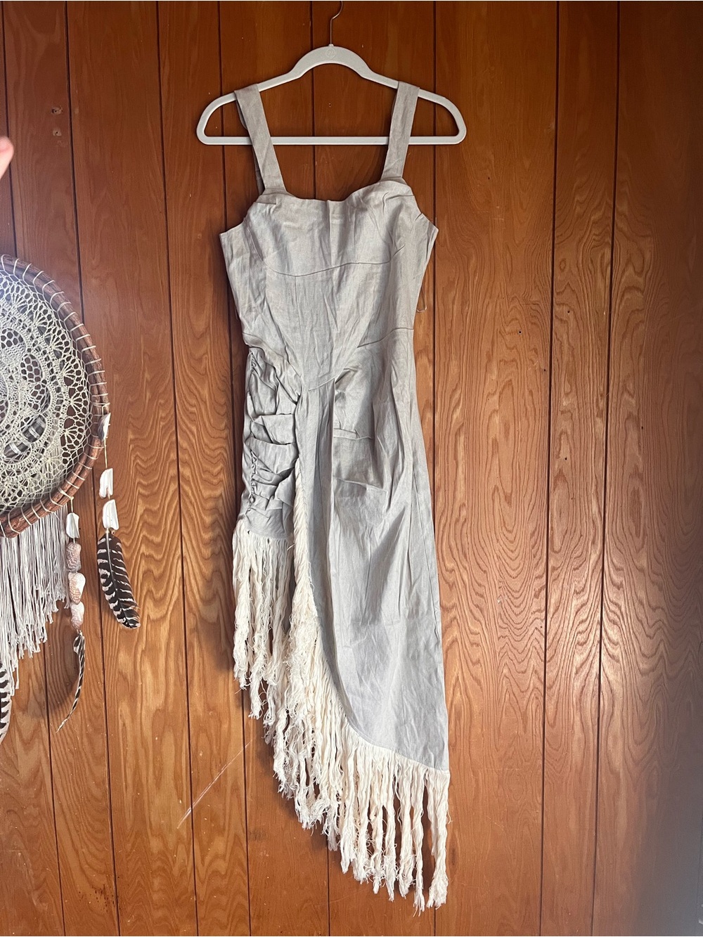 Linen material Cream Fringe Asymmetric Sundress - Women